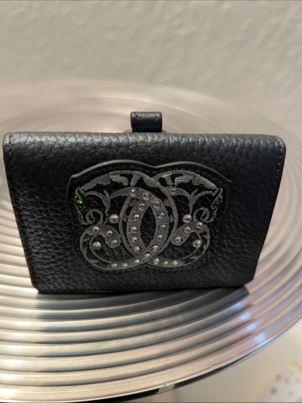SHARIF 100% Black Leather Wristlet Card Holder with Embellished Logo Patch - Picture 8 of 9
